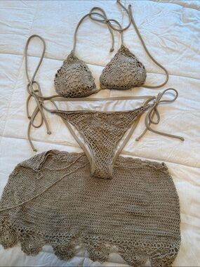 Crochet Bikini Set with Matching Cover-Up - Taupe